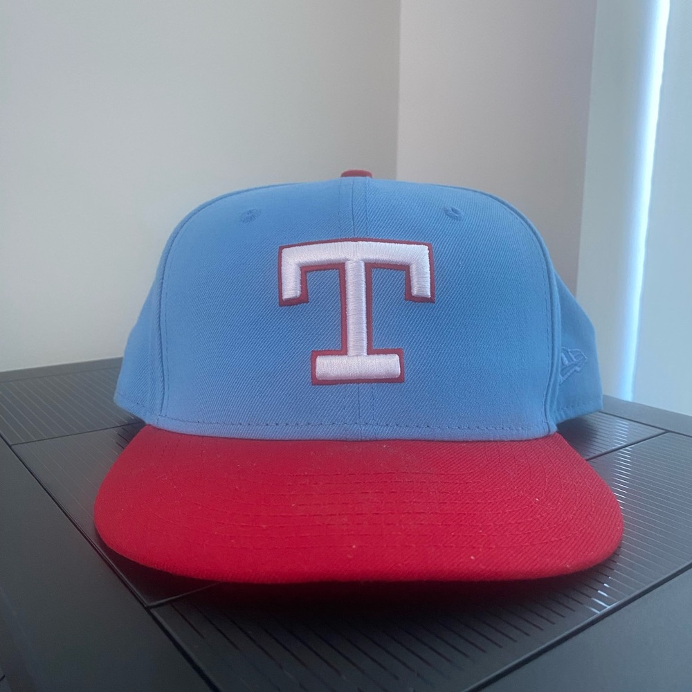New Era Cooperstown Collection Light Blue and Red Texas Rangers Throwback Cap